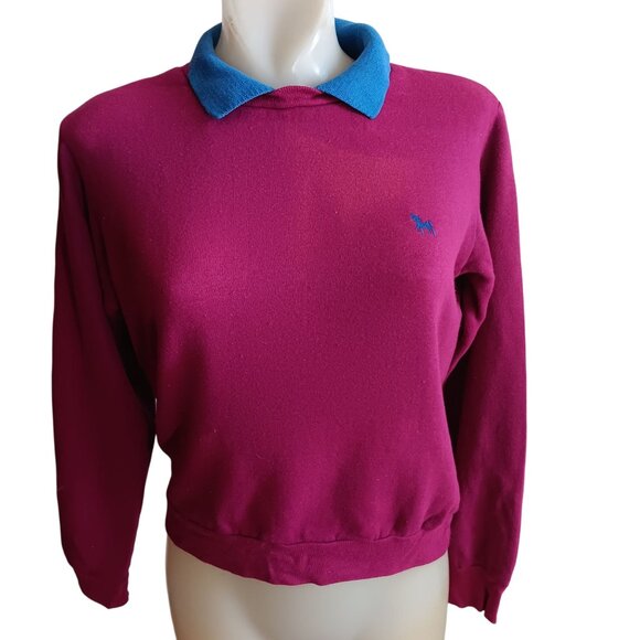 Women's Small Vintage 80's Sweatshirt Magenta Blue Collar Embroidered Horse Logo - Picture 2 of 7